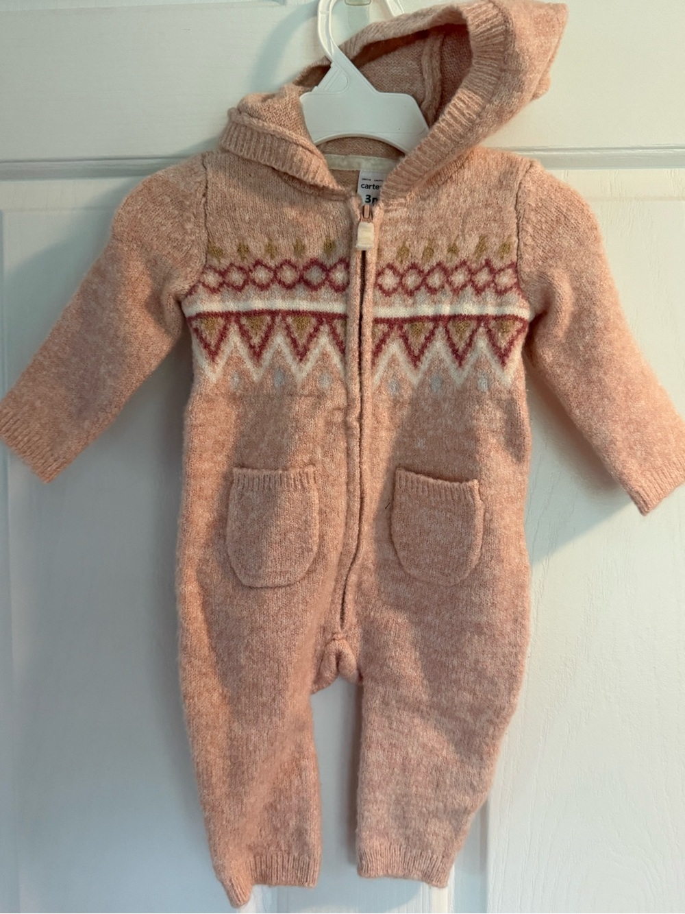 Carter's Pink Hooded Knit One-Piece with Fair Isle Accents